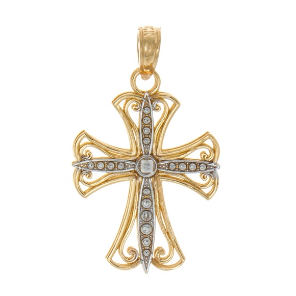 14k Two-tone Gold Religious White Cross Yellow Frame Necklace Charm w Chain - Picture 7 of 9